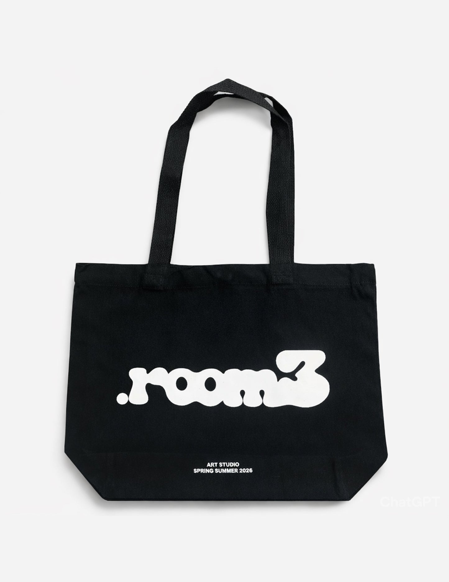 Black tote bag with 'room3' branding on a white background